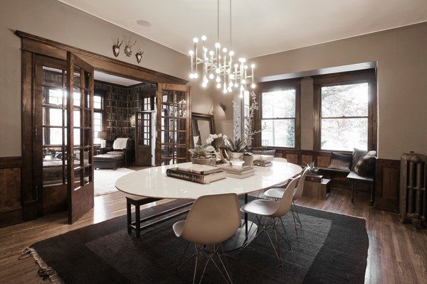 contemporary dining room taupe wall color wood flooring