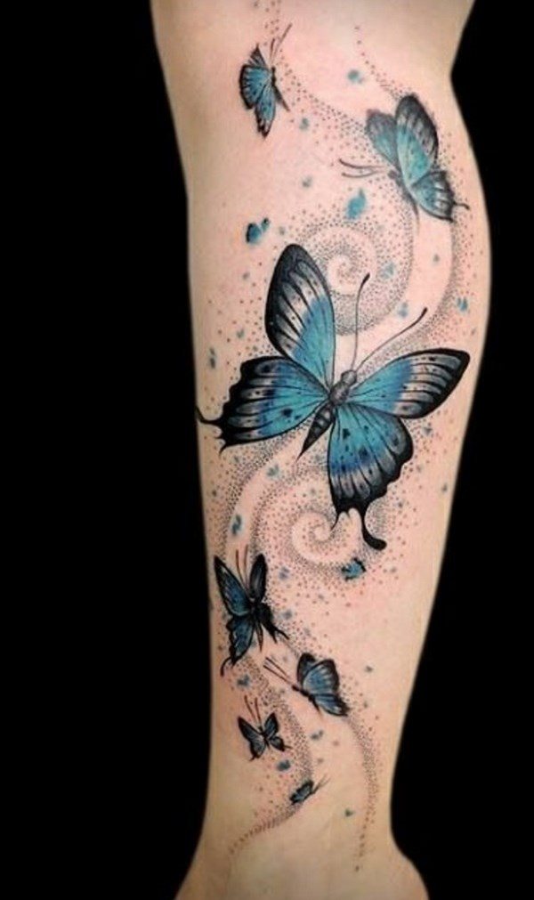 cool blue butterflies tattoo on the leg