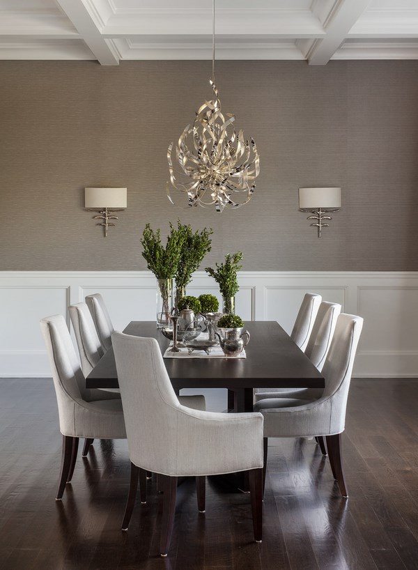 elegant dining room design taupe wall color wooden table upholstered chairs