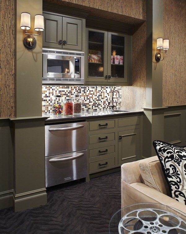 home theater design with modern kitchenette