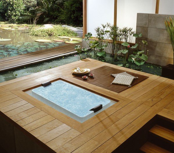 japanese inspired interior soaking tub wooden deck