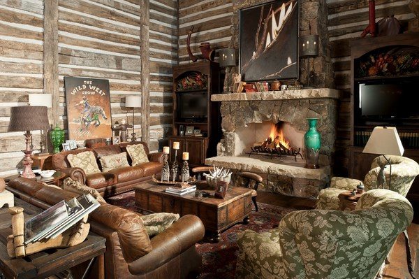 living room decor ideas stone fireplace hearth leather sofas