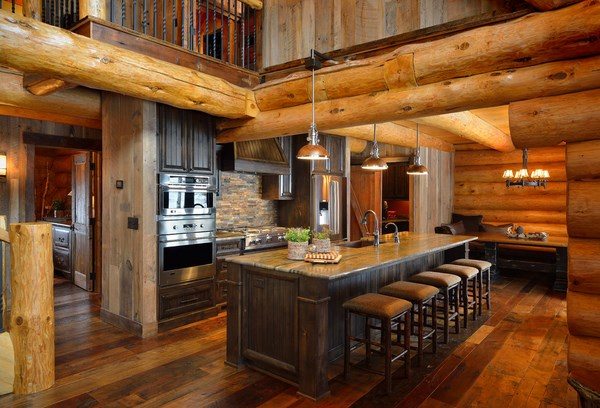 log house rustic kitchen decor island with seating