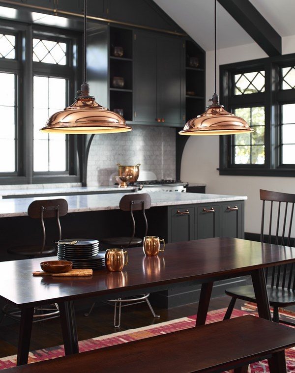 kitchen design ideas black cabinets copper pendant lights