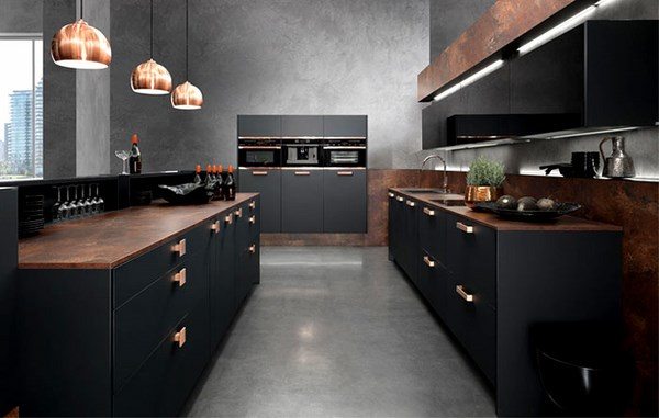 modern black and copper kitchen ideas countertops pendant lamps