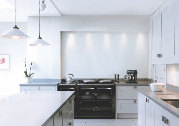 modern white kitchen black stove