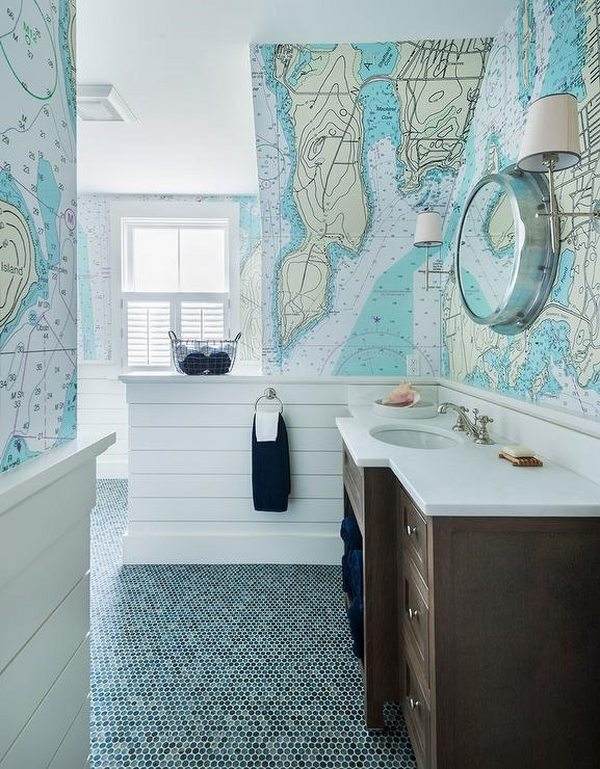 nautical bathroom world map wallpaper floor tiles