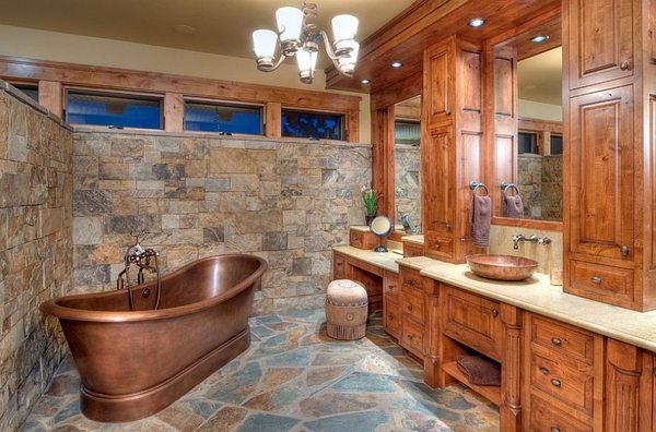 rustic bathroom copper bathtub vanity storage ideas