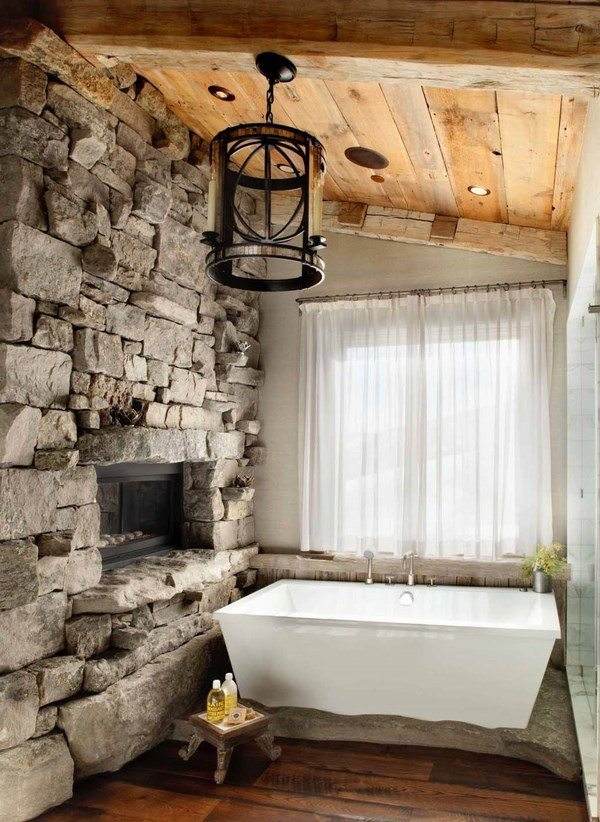 rustic decor bathroom ideas stone wall bathtub wood ceiling