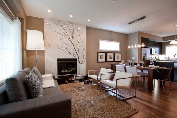 taupe color in modern living room with brown carpet