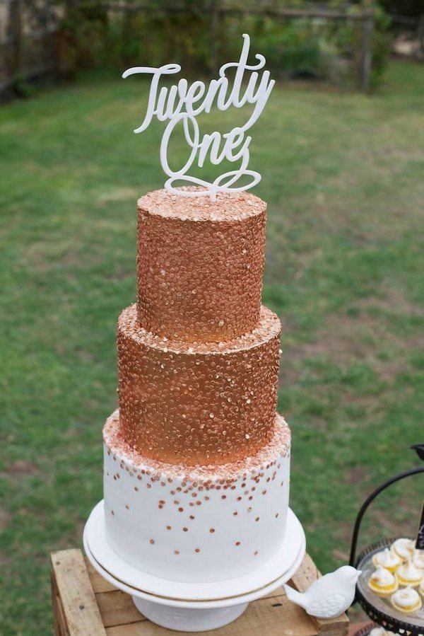 three tier cake with gold glitter