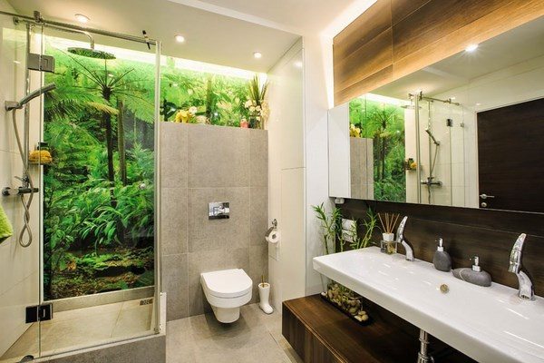 tropical interior modern bathroom design sink faucets accent wall