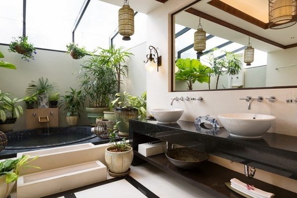 tropical master bathroom bathtub plants furniture
