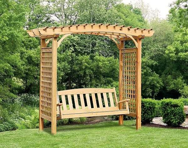wooden arbor with swing garden shade structures backyard design