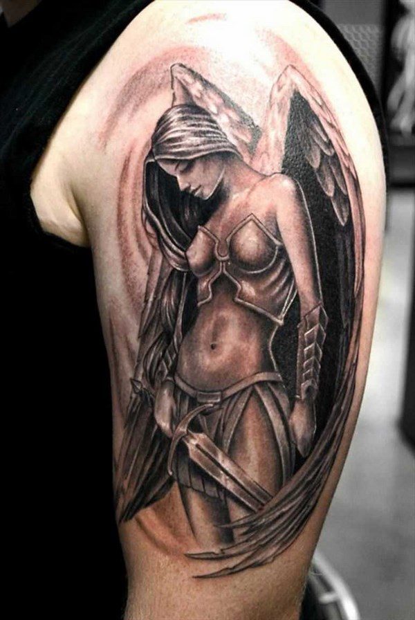 Angel warrior tattoo on shoulder