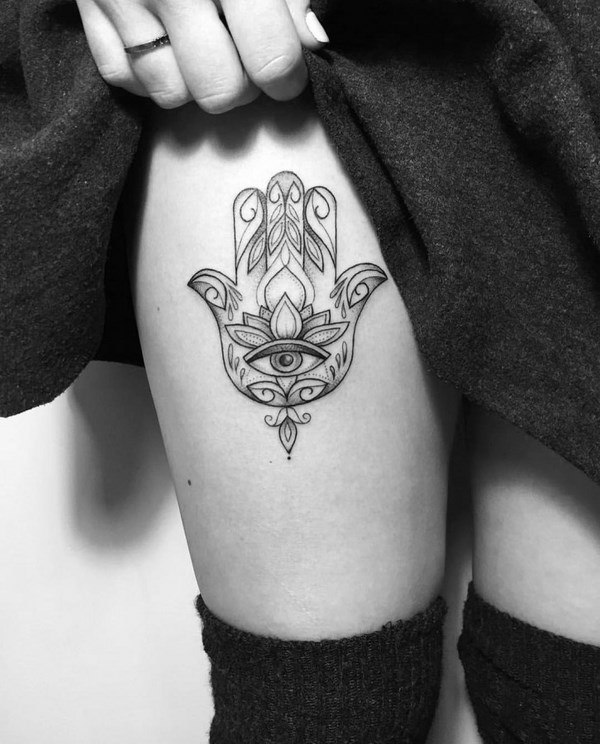 Hamsa tattoo for women on thigh
