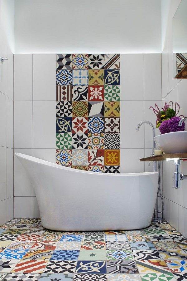 beautiful wall in small bathroom colorful tiles
