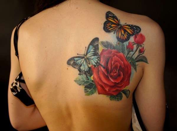 back tattoo for women roses butterflies