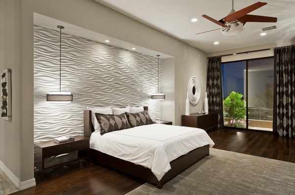 beautiful wall panels in contemporary bedroom and recessed lights