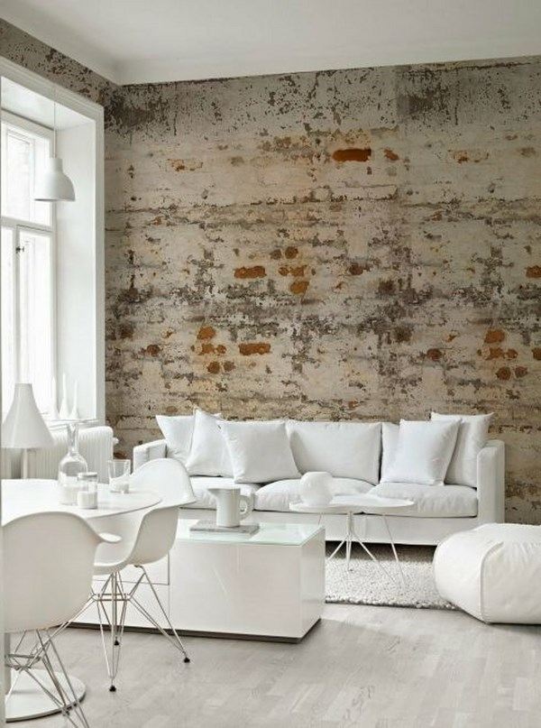 brick wallpaper and white furniture in contemporary home interior