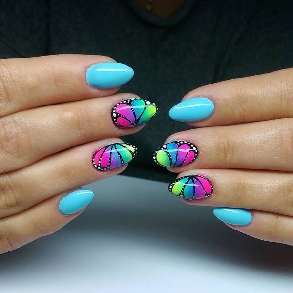 colorful summer nails with butterflies