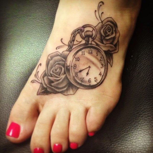 creative foot tattoos for women roses clock