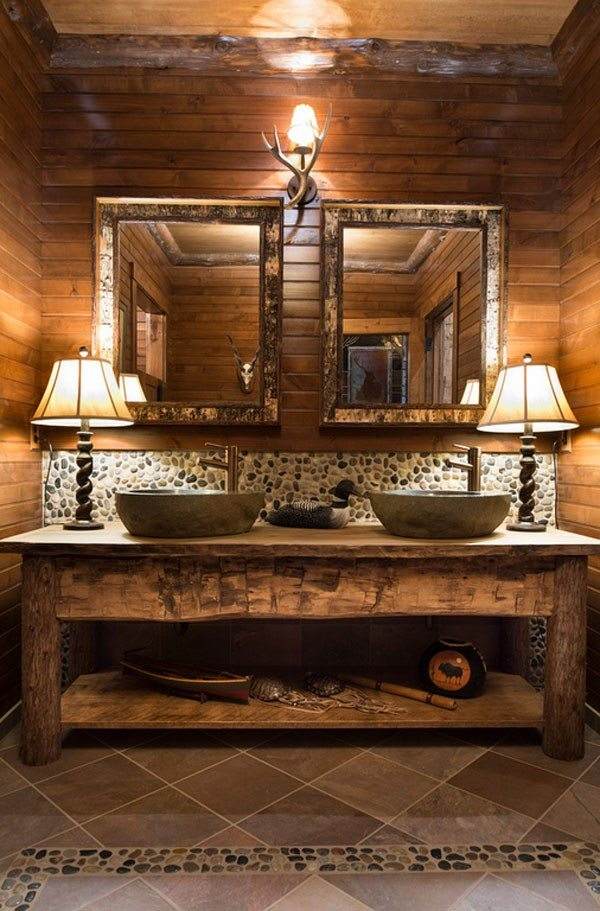 custom made vanity with vessel sinks and table lamps