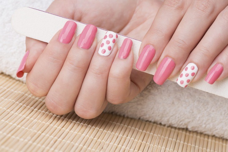 cute summer French nails pink white polka dots