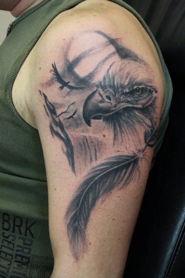 Grey Ink Feather Tattoo On Girl Right BAck Shoulder