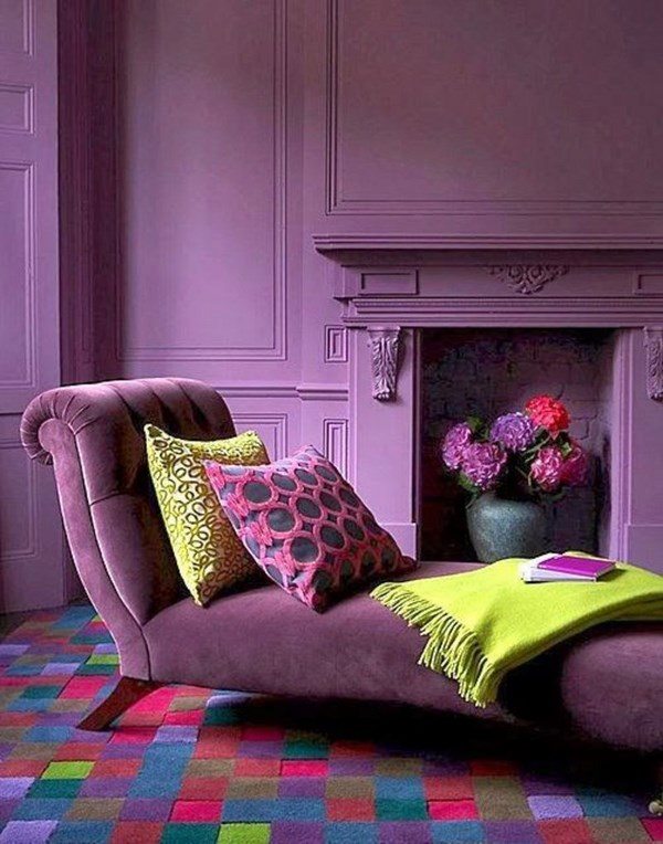 elegant living room in purple green shades