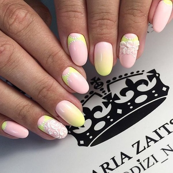 elegant summer manicure pink yellow gradient colors