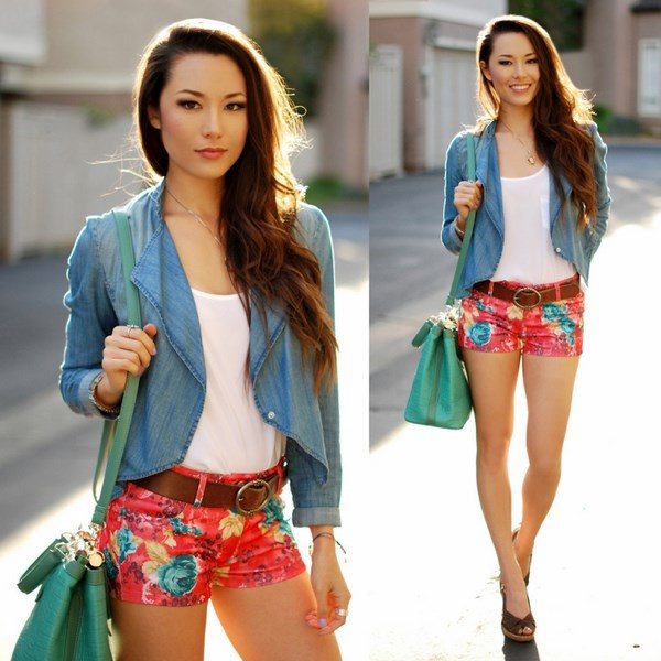 floral pattern shorts festival outfit ideas summer red white denim jacket