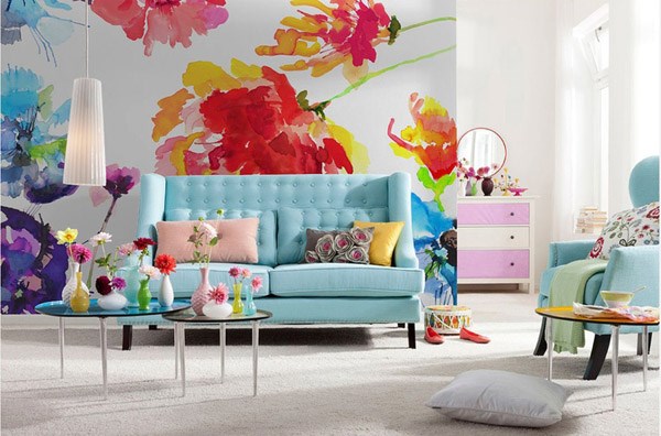 floral pattern wallpaper in living room behind sofa