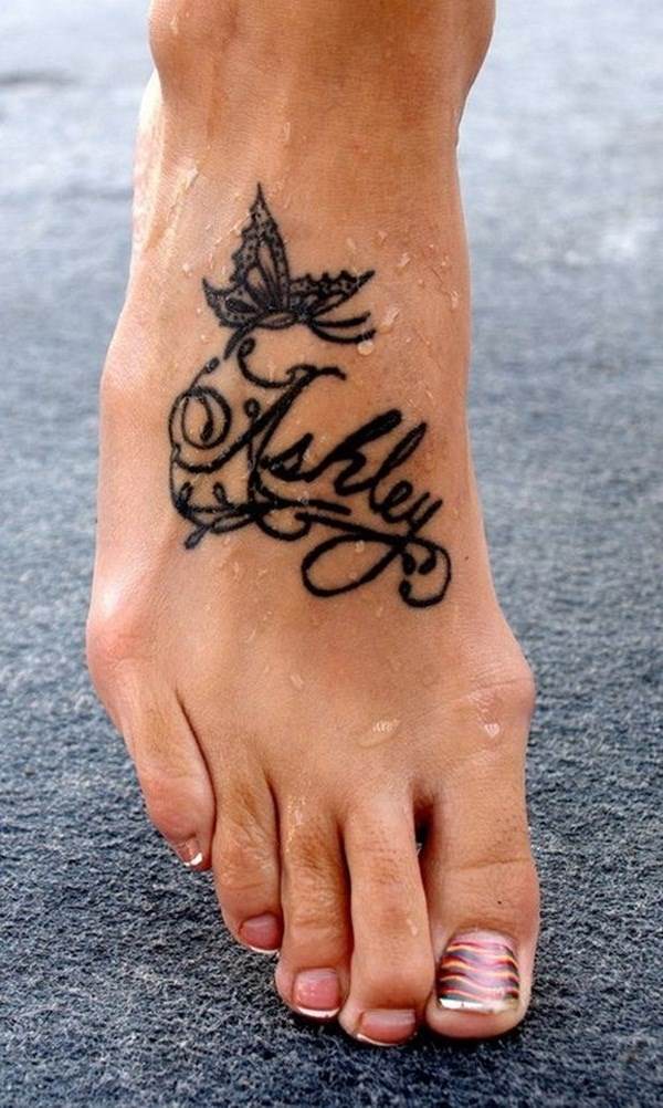 foot tattoo design word butterfly