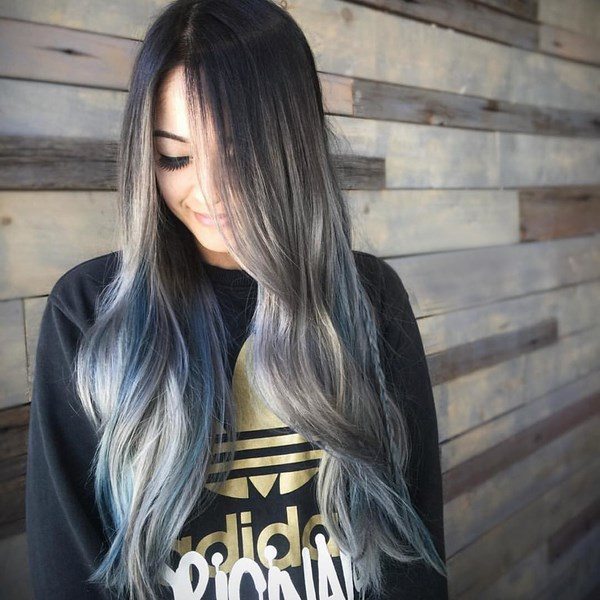 grey ombre hair with blue shades