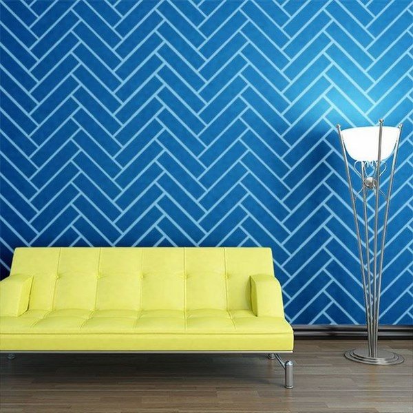 herringbone pattern wall decoration modern yellow sofa