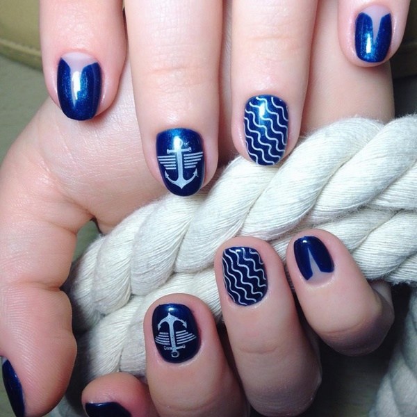 maritime nail designs blue anchor waves