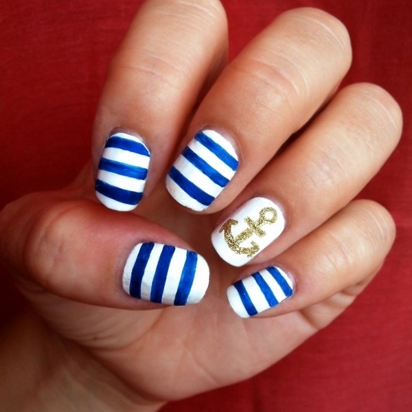 maritime summer nails white base blue stripes gold anchor