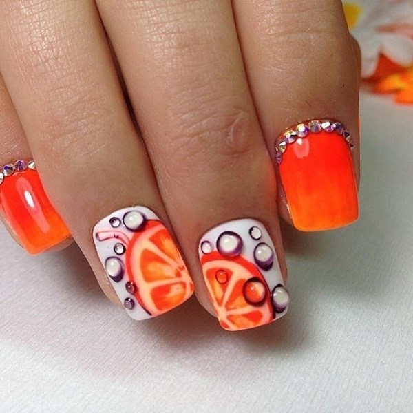 orange slice and water drops nails