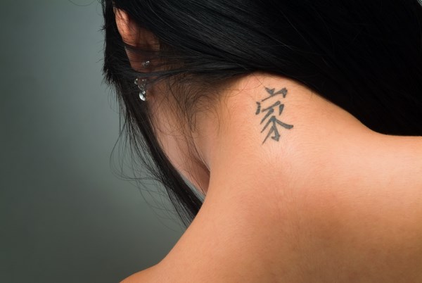 original small chinese tattoo on neck