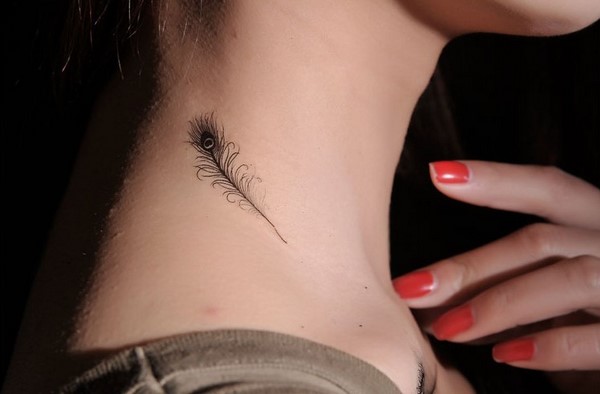 peacock feather tattoo on neck ideas for women