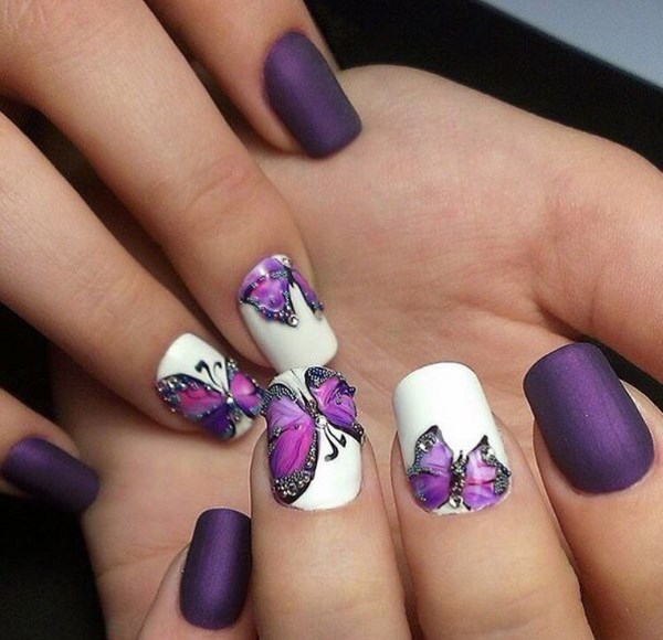 purple butterflies french nails ideas