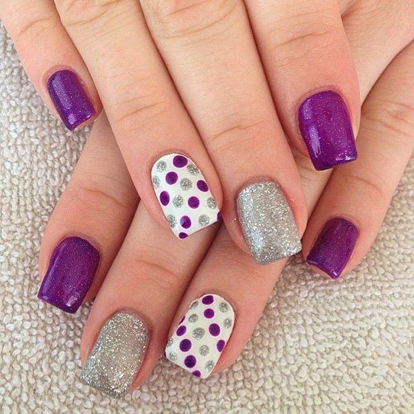 purple glitter polka dots french manicure
