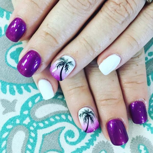 purple sunset beach inspired nail designs palm trees