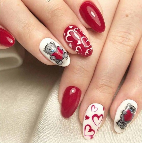 red white nail color teddy bear heart