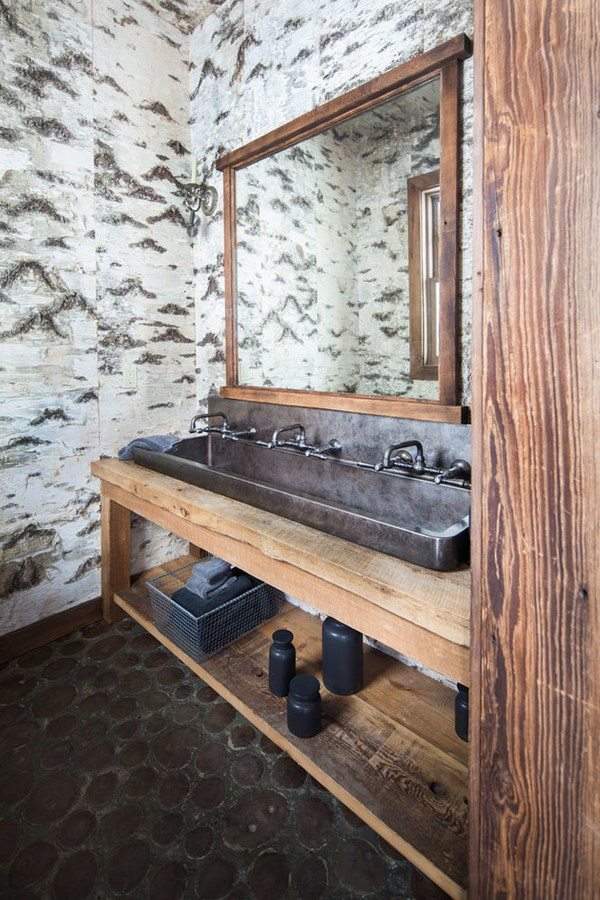 rustic bathroom vanity with storage shelf