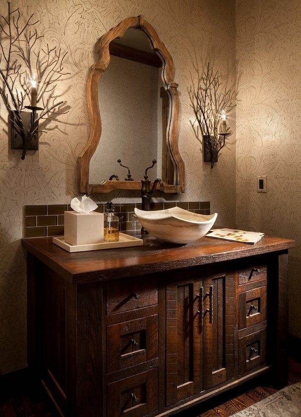 rustic style powder room with solid wood vanity cabinet