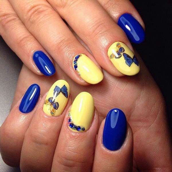 summer nails blue yellow butterflies