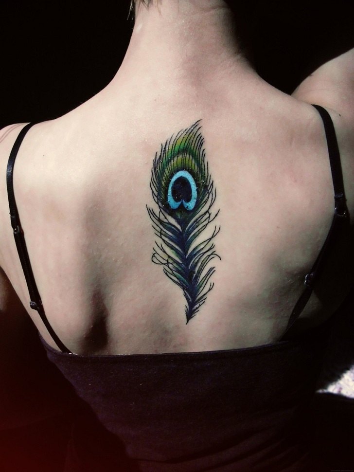 Peacock feather tattoo on the left shoulder blade