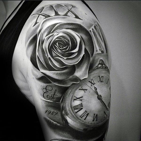 unique shoulder tattoos roses clock